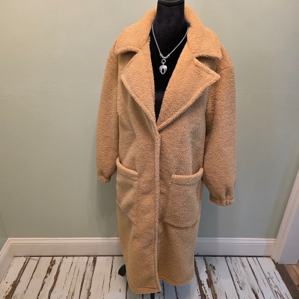 American Eagle Women Tan Teddy Trench Coat Faux Shearling Longline Small 14803